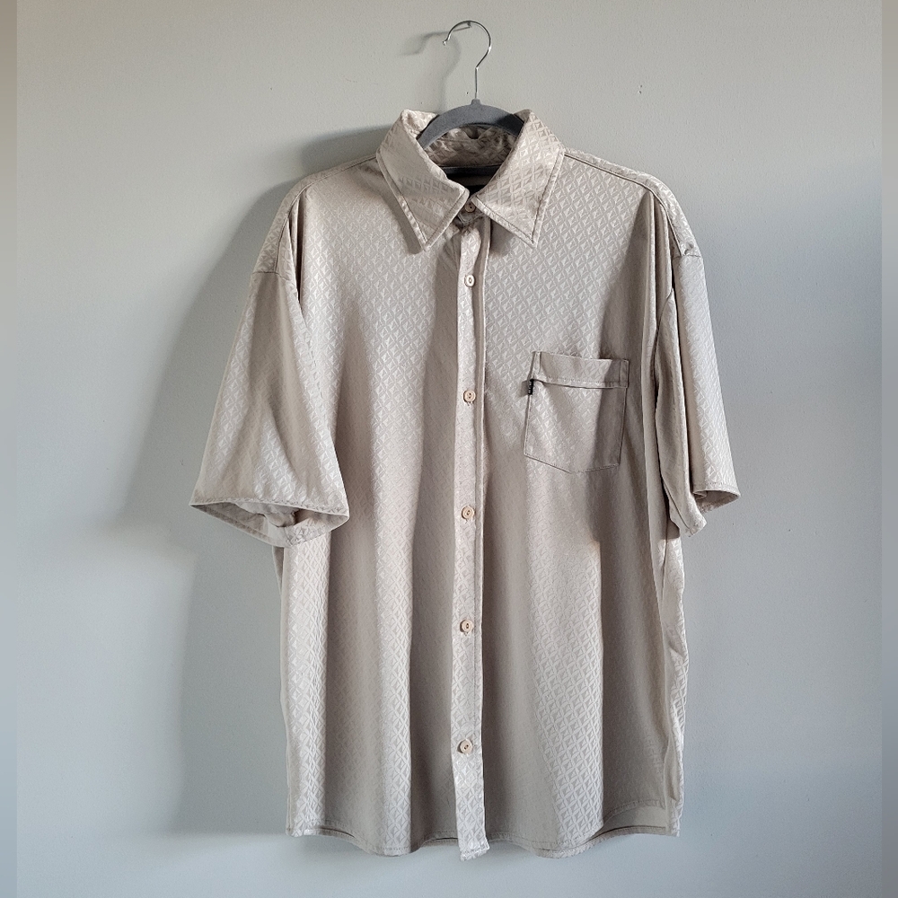 BC ETHIC Lounge Club Satin Finished Cream Diamond Patterned Shirt Size XL